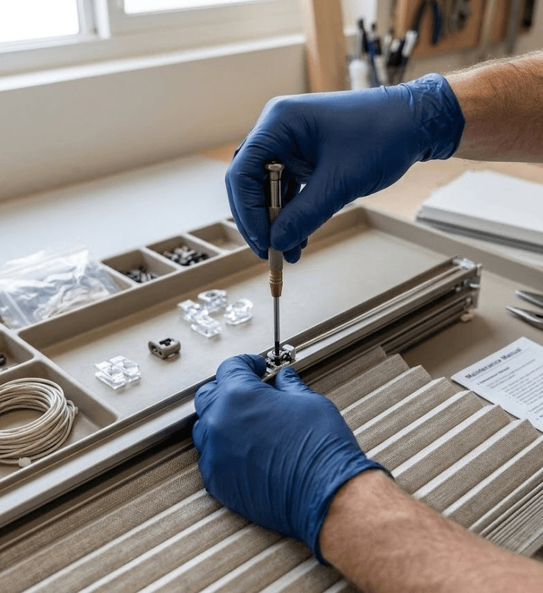 Technician repairing window blind hardware